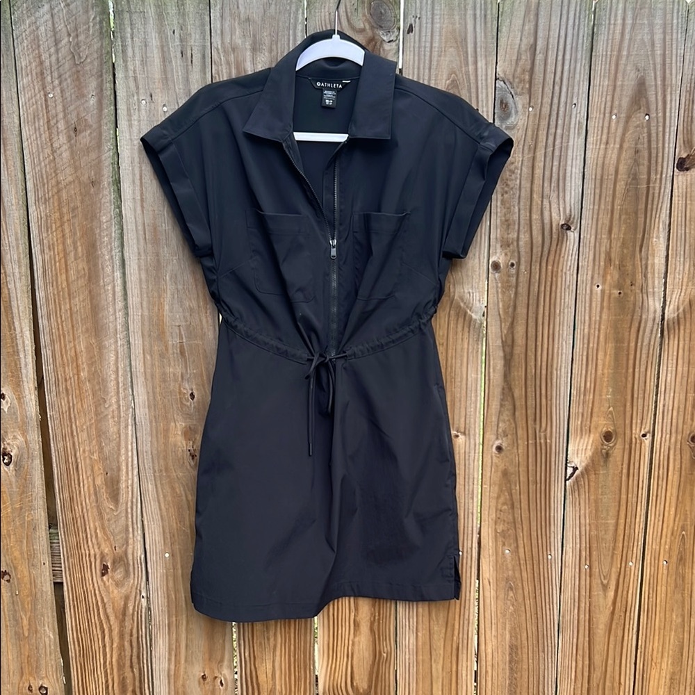 Athleta Black Zip-Front Drawstring Athleisure Dress